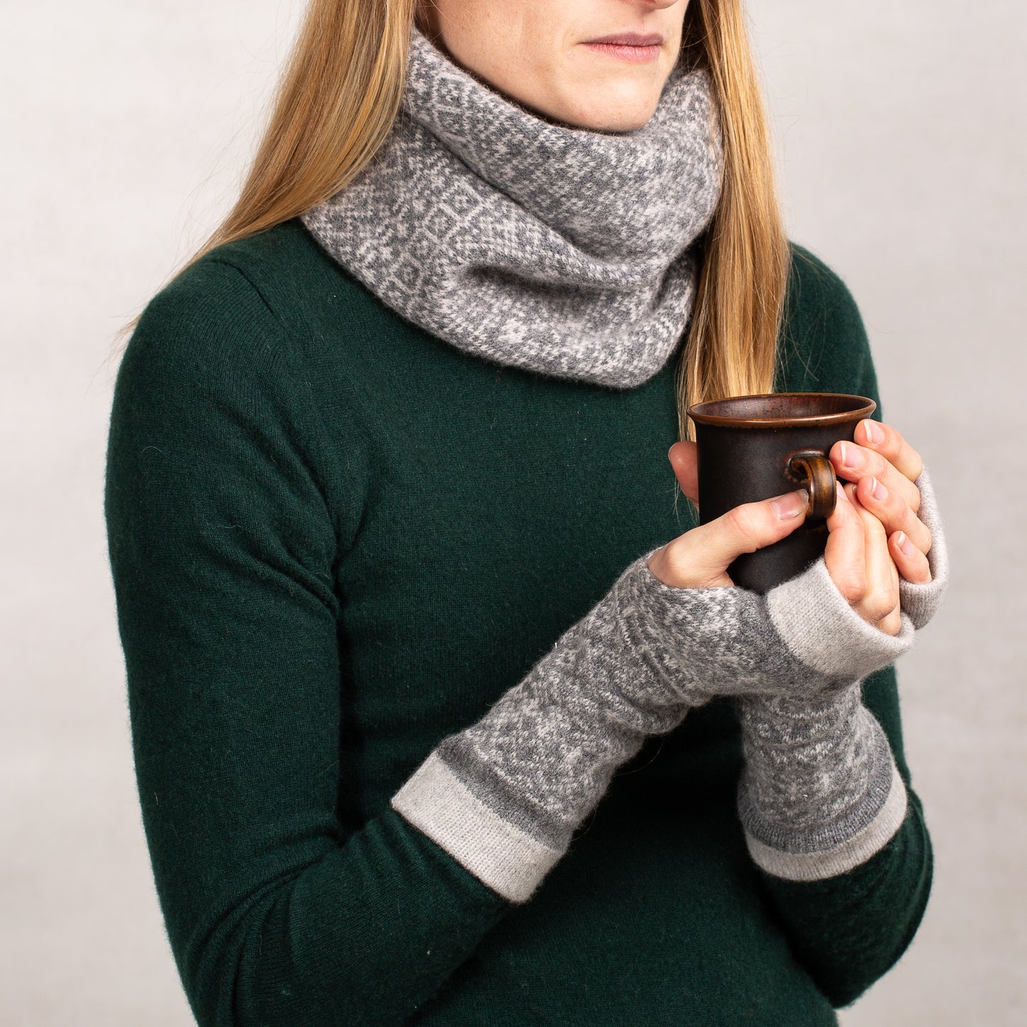 Fair Isle Fingerless Mittens | Two colour mix image 3