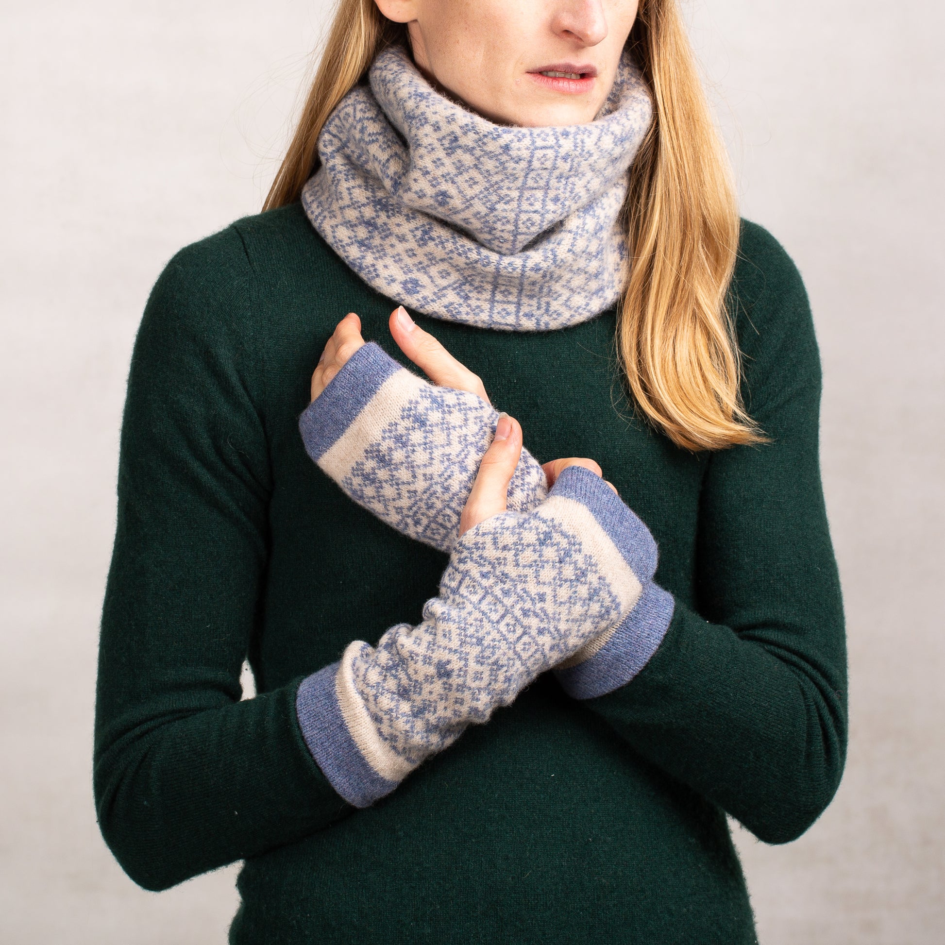Fair Isle Fingerless Mittens | Two colour mix image 4